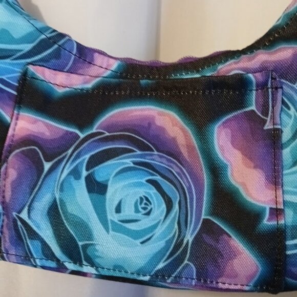 New Canvas Vinyl Top handle Shoulder Bag Purse Ombre Roses Crescent Baguette - Picture 8 of 9